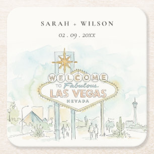 Las Vegas Nevada Aquarel Landschap Bruiloft Vierkante Kartonnen Onderzetter