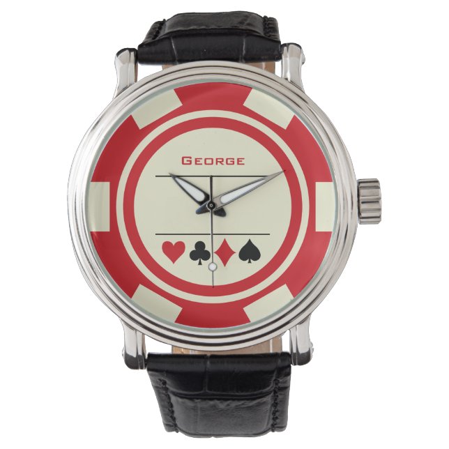 Las Vegas Poker Chip Casino Off White Red Horloge (Voorkant)
