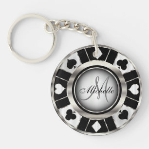 Las Vegas Silver & Black Poker Chip - Monogram Sleutelhanger