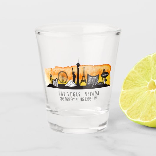 Las Vegas Skyline Latitude en Longitude Shot Glas (Voorkant)