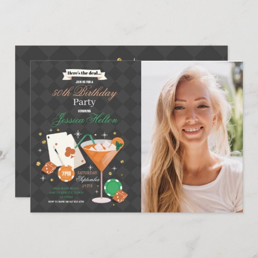 Las Vegas Verjaardag Casino Dice Chips Fotofeest Kaart (Voorkant / Achterkant)