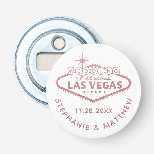 Las Vegas Wedding Date Favor Magnetic Pink Button Flesopener (Voorkant)