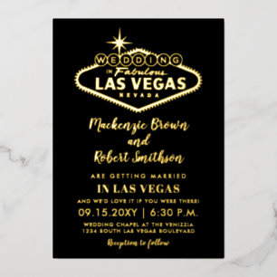 Las Vegas Wedding Gold Black met info op Terug Folie Uitnodiging