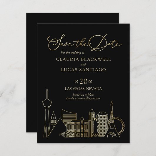 Las Vegas Zwart en Gouden Bruiloft Save The Date (Voorkant / Achterkant)