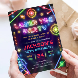 Laser Label Neon Glow Arcade Party Boy Verjaardag Kaart