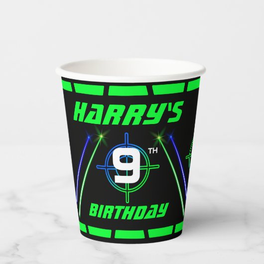 Laser Label Neon Green en Blue Beams Birthday Papieren Bekers (Voorkant)