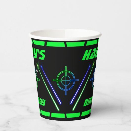 Laser Label Neon Green en Blue Beams Verjaardagspa Papieren Bekers (Links)