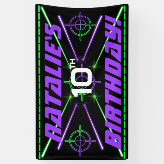 Laser Label Neon Green & Paars Beams Birthday Part Spandoek (Verticaal)