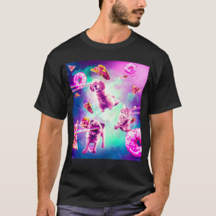 Laser Ogen Ruimte Kat Met Hond Pug Regenboog T-shirt