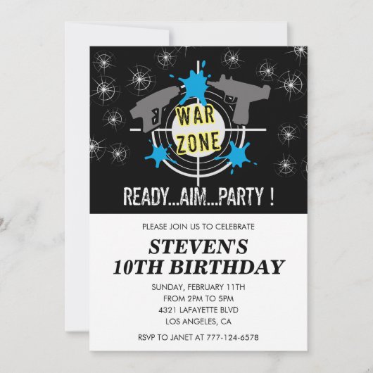 Laser tag invitations d'anniversaire pistolet noir (Devant)