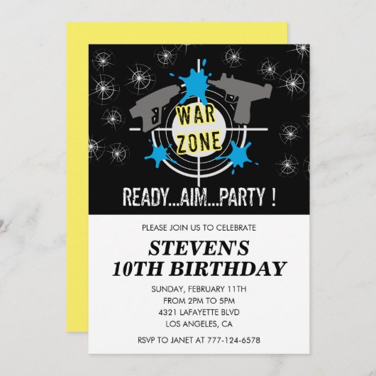 Laser tag invitations d'anniversaire pistolet noir (Devant / Derrière)