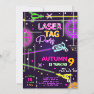 Laser Tag neon invitation d'anniversaire fille.