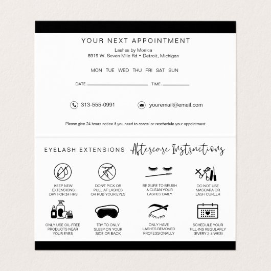 Lash Aftercare Instructions & Appointment Reminder Visitekaartjes (Binnenkant ongevouwen)