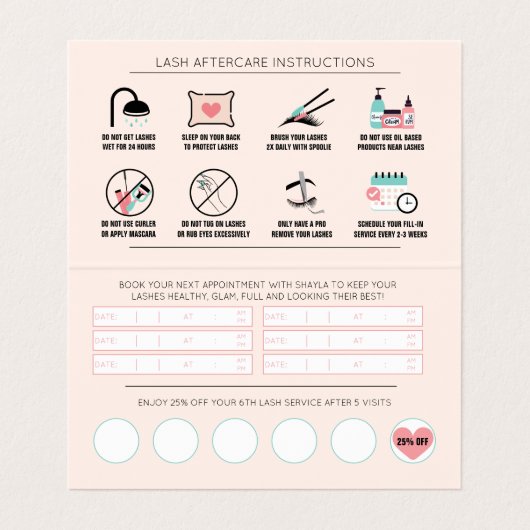 Lash Aftercare Instructions & Appointment Reminder Visitekaartjes (Binnenkant ongevouwen)
