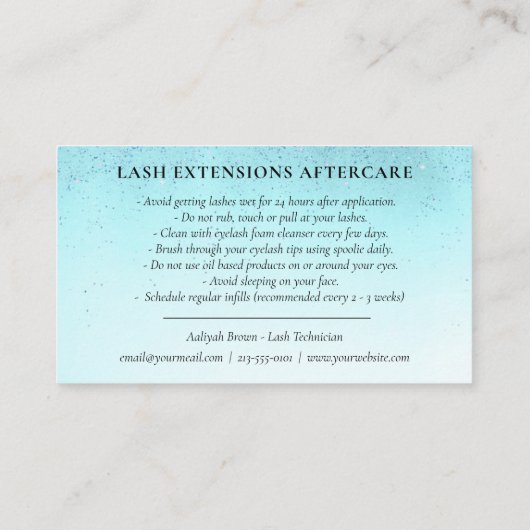 Lash Aftercare Instructions Turquoise Glam Glitter Visitekaartje (Achterkant)