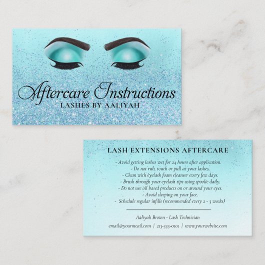 Lash Aftercare Instructions Turquoise Glam Glitter Visitekaartje (Voorkant / Achterkant)