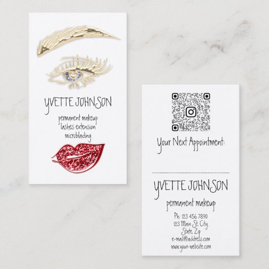 Lash Brow Permanent Makeup Logo QR Code Red Lips Visitekaartje (Voorkant / Achterkant)