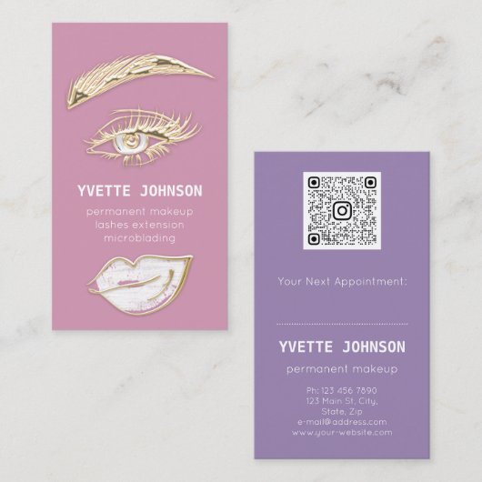 Lash Brows Permanent Makeup Logo QRCode Lip Roze Visitekaartje (Voorkant / Achterkant)