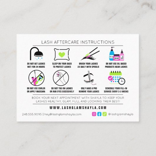 Lash Extensions Aftercare Instructies - Vet Neon Visitekaartje (Achterkant)