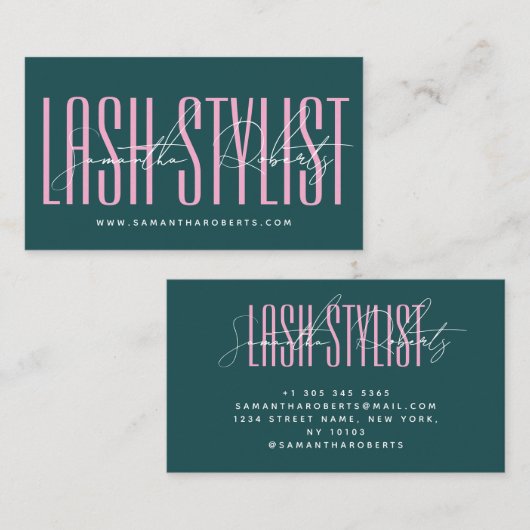 Lash stylist modern typography script green pink visitekaartje (Voorkant / Achterkant)