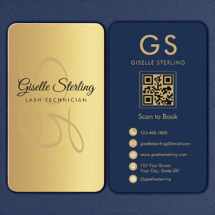 Lash Technician Gold Navy Blue QR Code Monogram Visitekaartje