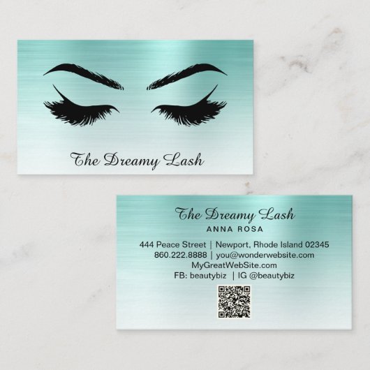*~* Lashes Brows Extensions QR Metallic BLAUWGROEN Visitekaartje (Voorkant / Achterkant)