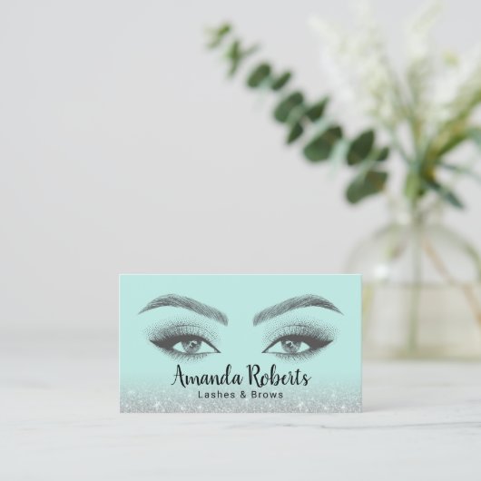 Lashes & Brows Microblading Mint & Silver Glitter Visitekaartje (Staand voorkant)