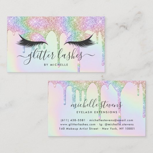 Lashes holografische eenhoorn glitter druppels mak visitekaartje (Voorkant / Achterkant)