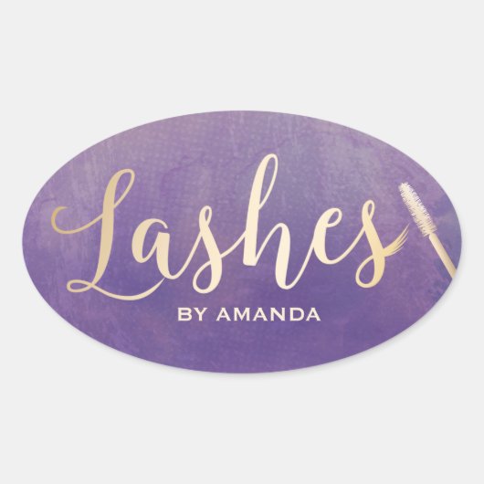 Lashes Makeup Artist Gold Script Elegant Paars Ovale Sticker (Voorkant)