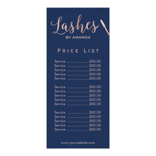 Lashes Makeup Artist Roos Gold Script Navy Price Reclamekaart (Voorkant)