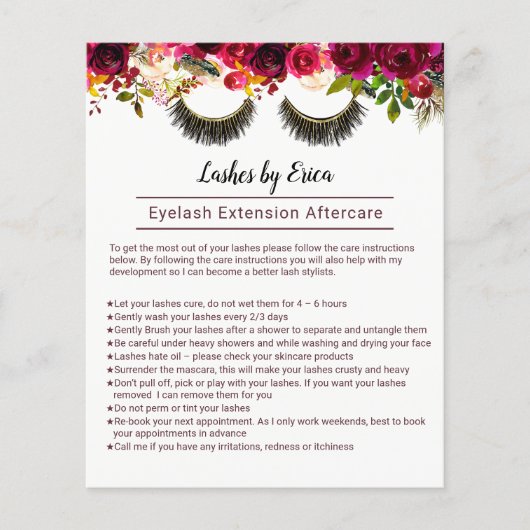 Lashes Makeup kunstenaar Floral Aftercare Instruct Flyer (Voorkant)