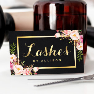 Lashes Script Modern Makeup Black Gold Floral Visitekaartje