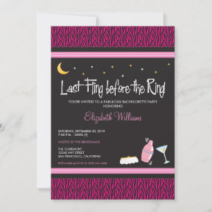 Last Fling Zebra Bachelorette Invitation (fuschia) Kaart