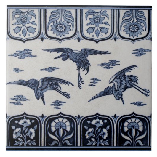 Late 1800s Repro Minton Blue Border Tile 3 Cranes Tegeltje (Voorkant)