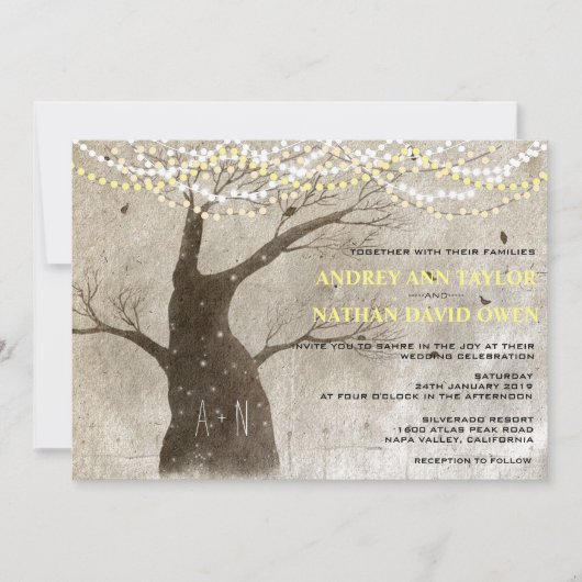 Late Herfst of Winter Rustic Tree Lights Wedding Kaart (Voorkant)