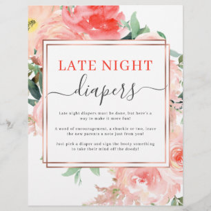 Late nacht diaper Baby shower game Peach Floral Flyer