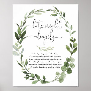 Late nacht diapers baby shower game greenery poster
