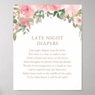 Late nacht Diapers Roze Floral Baby shower Poster