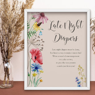 Late nacht Diapers Wildflower Baby shower Game Poster
