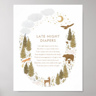 Late Night Diapers Woodland Baby shower Sign. Poster