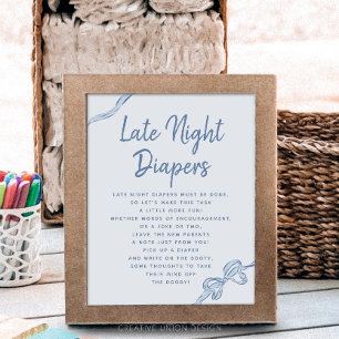 Late Night Luiers Blue Bow Baby shower Game Sign Poster