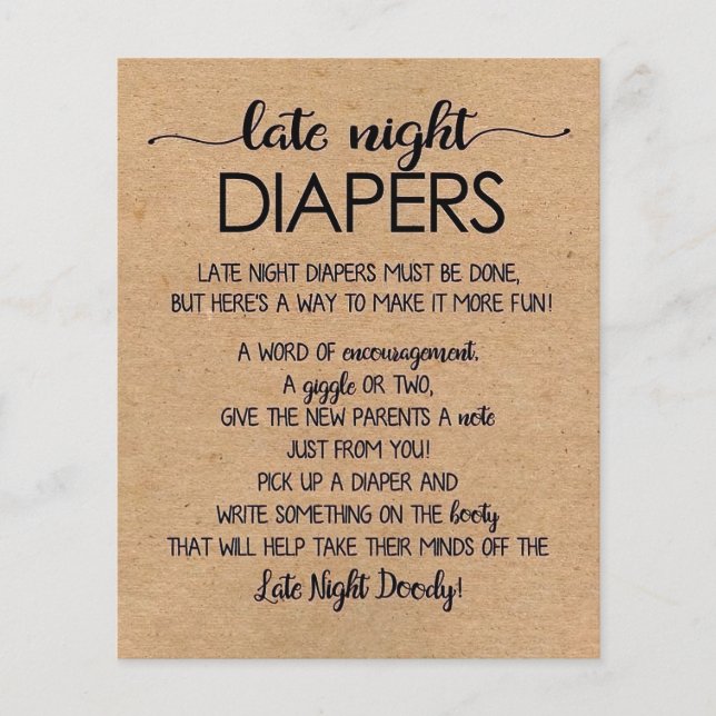 Late Night Luiers Printable, Rustiek Baby shower (Voorkant)