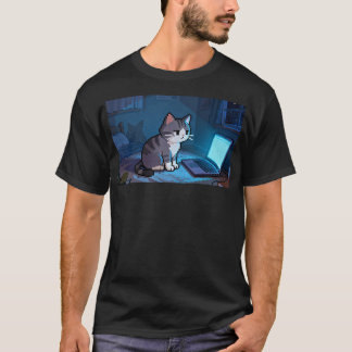 Late Night Pixel Kat Werkt aan Laptop – Gezellig M T-shirt