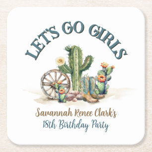Laten gaan Meisjes Cowgirl Cactus Thema Verjaardag Vierkante Kartonnen Onderzetter