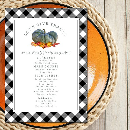 Laten we Bedankt Blue Gourd Plaid Thanksgiving gev Menu