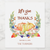 Laten we dankbaar zijn Herfstkrans Pompoen Thanksg Wijn Etiket (Enkel label)