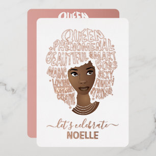 Laten we de verjaardag vieren! Zwarte vrouw aanmoe Folie Uitnodiging