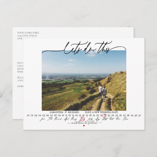 Laten we deze huwelijksverandering van datum doen briefkaart (Voorkant / Achterkant)