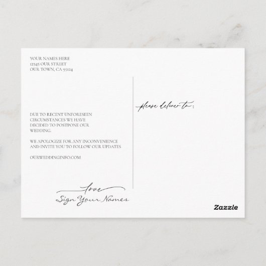 Laten we deze huwelijksverandering van datum doen briefkaart (Achterkant)