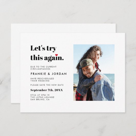 "Laten we dit opnieuw proberen" | Datum foto wijzi Uitnodiging Briefkaart (Voorkant / Achterkant)